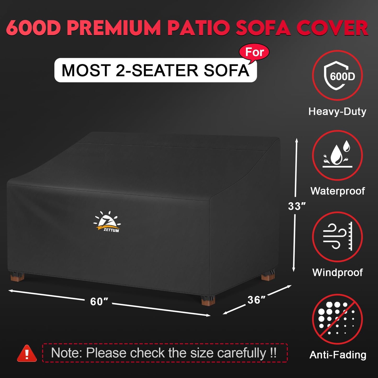 Zettum Patio Loveseat Cover 60 Inch - 600D Outdoor Couch Cover Furniture Sofa Cover Waterproof Heavy Duty, 2-Seater Bench Cover for Outside Sofa, Loveseat, Couch, Bench and Glider - 60 x 34 x 33 Inch