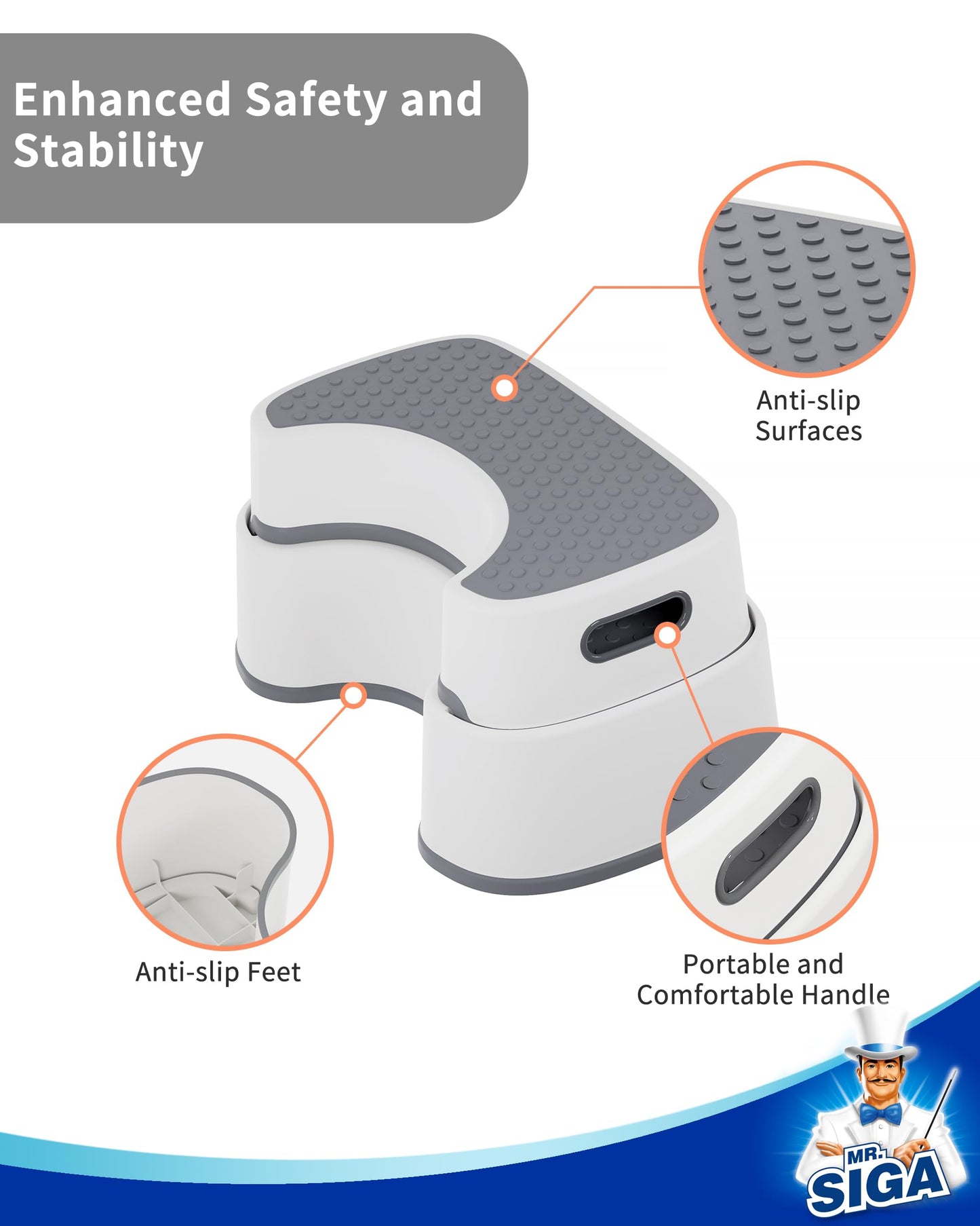 MR.SIGA Toilet Stool Squat Adult, Bathroom Stool Heavy Duty, Anti Slip Toilet Step for Bathroom, Toddler Step Stool for Kids, Off-White & Dark Gray