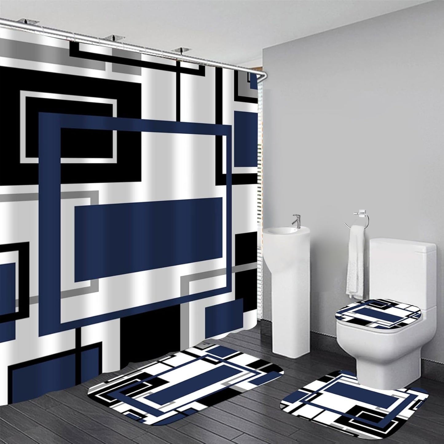 Yddsky 4 Pcs Blue Geometric Shower Curtain Set with Rugs Bathroom Set