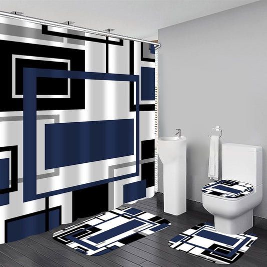 Yddsky 4 Pcs Blue Geometric Shower Curtain Set with Rugs Bathroom Set