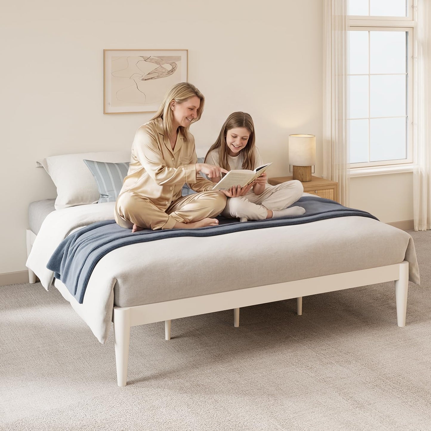 IOTXY Twin-XL Platform Bed Frame - 16" Wood Mattress Foundation Base, White