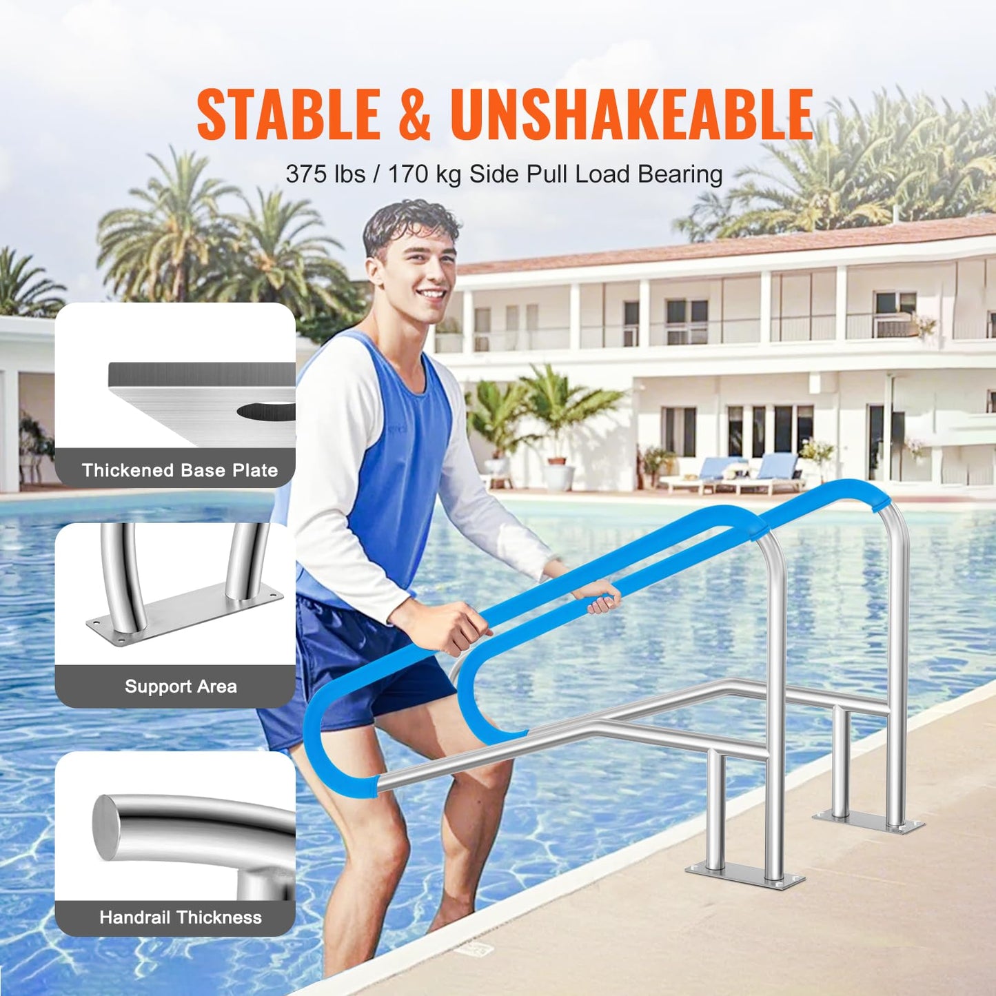 VEVOR Pool Handrail, 2 PCS 55 x 32 inch Railing, Stainless Steel with Base Plate for Indoor/Outdoor, Rust-Proof Grab Bar w/Grip Cover&Accessories for Decks/Spas