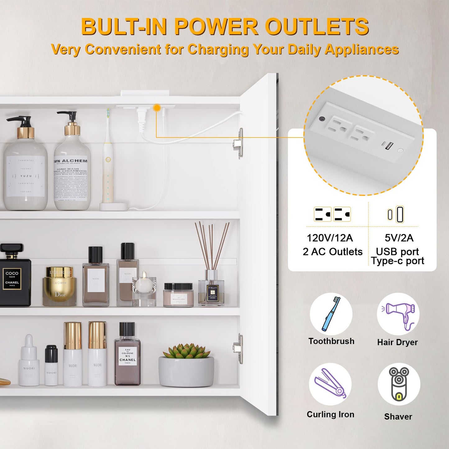 Snughome Bathroom Medicine Cabinet with Mirror and LED Lights, Wall Mount Bathroom Mirror with Storage, Anti-Fog, Built-in Power Outlets, Dimmable 3 Color Temp, Antirust Easy to Install, 31.5" x 23.6"