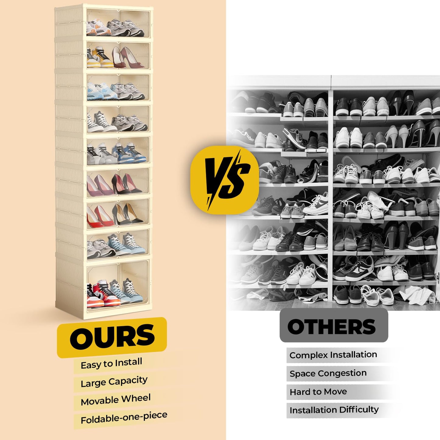 GCCSJ 9-Tier 18 Pairs Foldable Shoe Rack Organizer, Plastic Collapsible Shoe Shelf, Folding Shoe Box Storage Cabinet with Magnetic Clear Door Easy Assembly for Entryway, Bedroom, Living Room