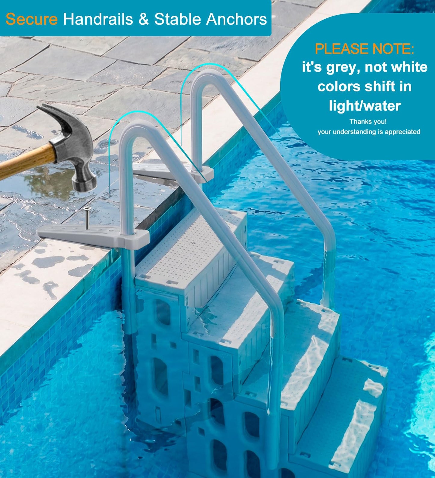 ROMIVO Pool Steps Above Ground with Handrails, 4-Step Above Ground Pool Ladder for 48"–56" Pools, Water-Fill Design, Anti-Slip Wide Treads, Video-Guided Easy Setup, Family Pool Entry Stairs