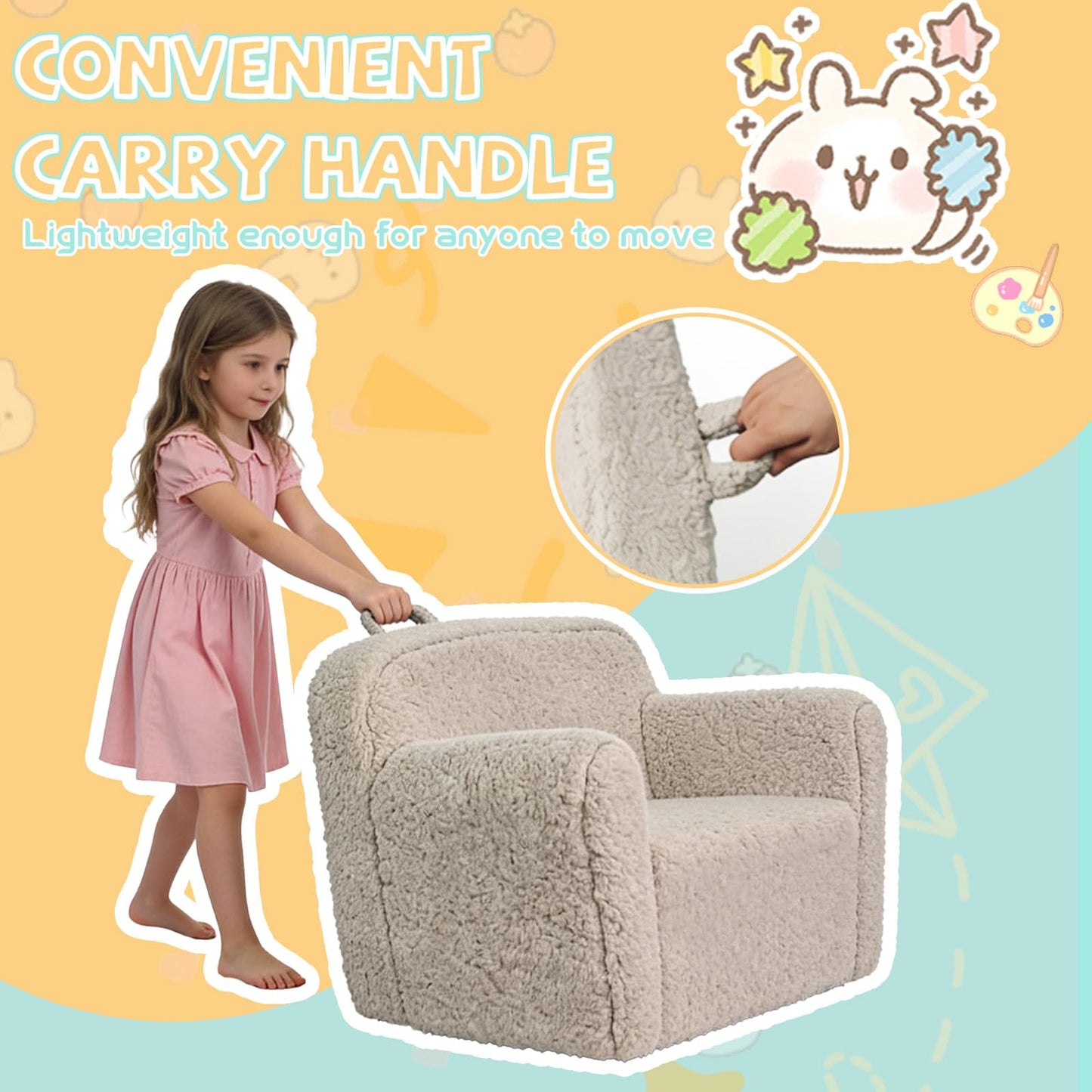 Pterying Toddler & Kids Chair Comfy for 1-3 Years Old, Toddler Couch with Washable Soft Sherpa Cover, Stable High-Resilience Foam Kid Sofa, Light Grey
