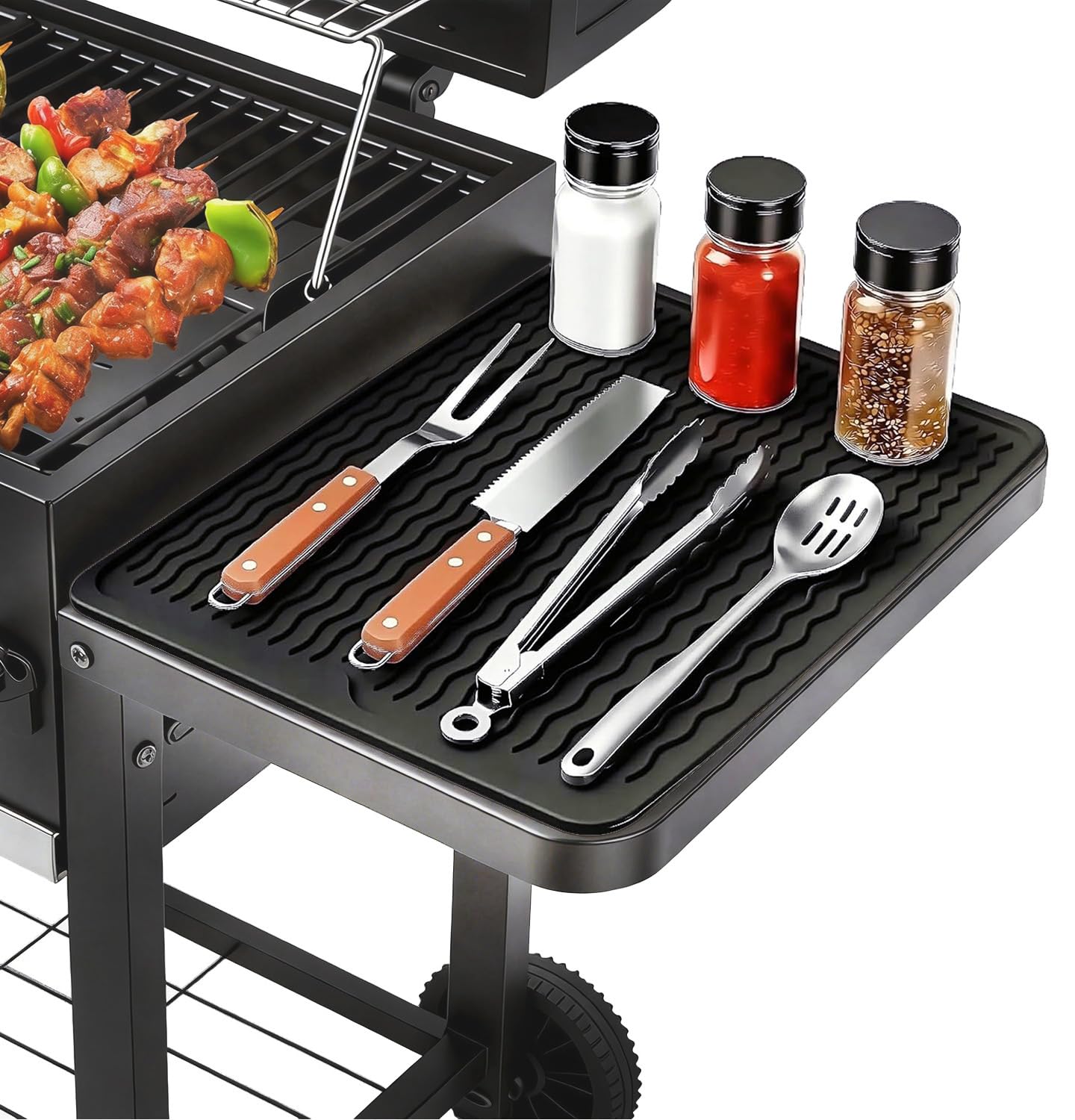 Silicone Grill Tools Mat for Blackstone Weber Traeger Pit Boss Flat Top Grill Smoker,BBQ Accessories Pad Mats for Outdoor Kitchen Counter Cooking, Side Shelf Spatula Mat,Gifts for Men (Black)
