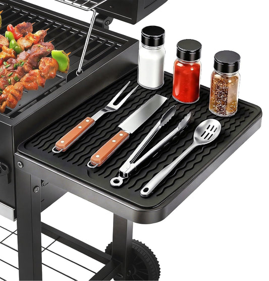 Silicone Grill Tools Mat for Blackstone Weber Traeger Pit Boss Flat Top Grill Smoker,BBQ Accessories Pad Mats for Outdoor Kitchen Counter Cooking, Side Shelf Spatula Mat,Gifts for Men (Black)