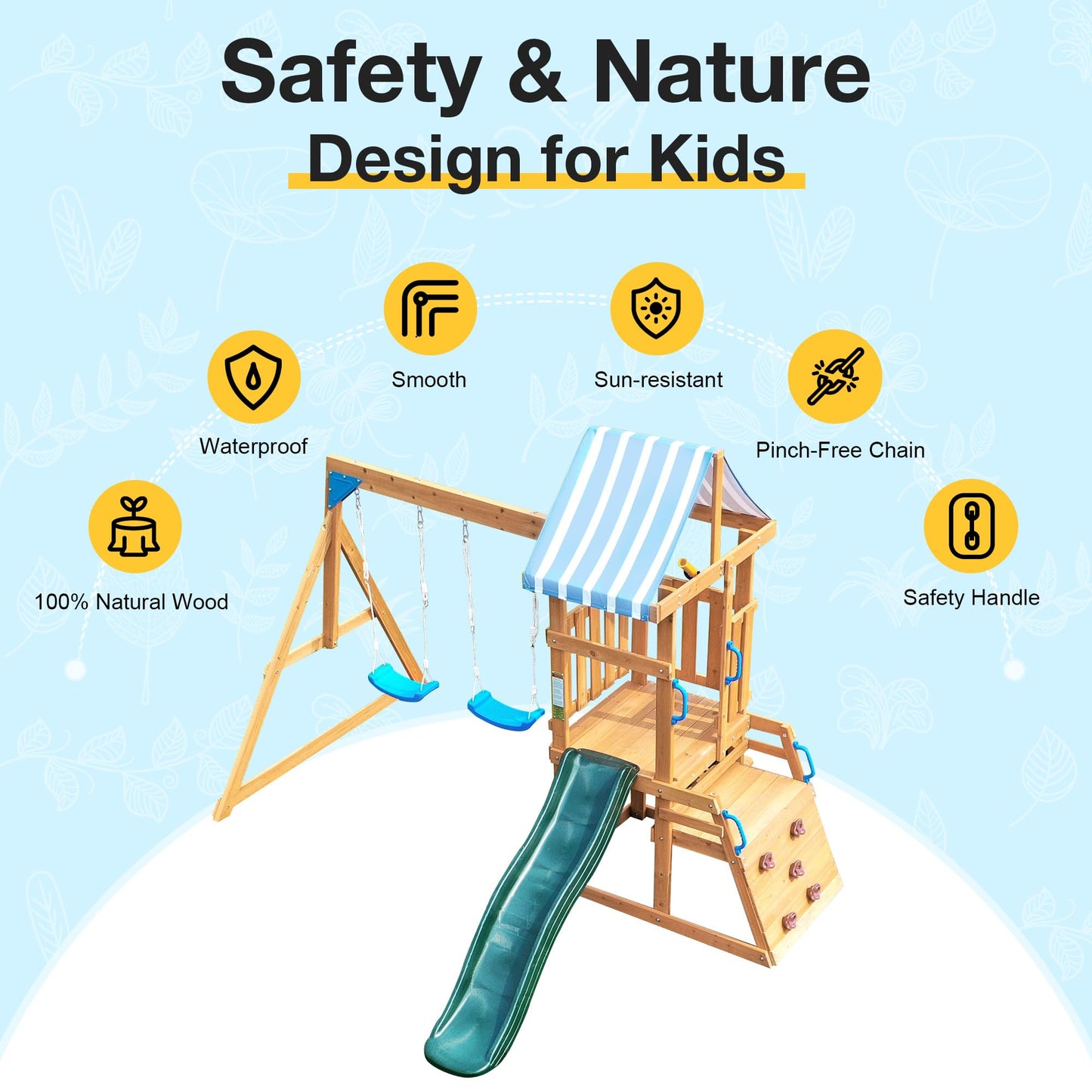 ROBOTIME Wooden Swing Set for Backyard, All-in-One Kids Outdoor Play Equipment with Swings, Slide, Climbing Rope Ladder, Outdoor Swing Playset for Kids Ages 3-10