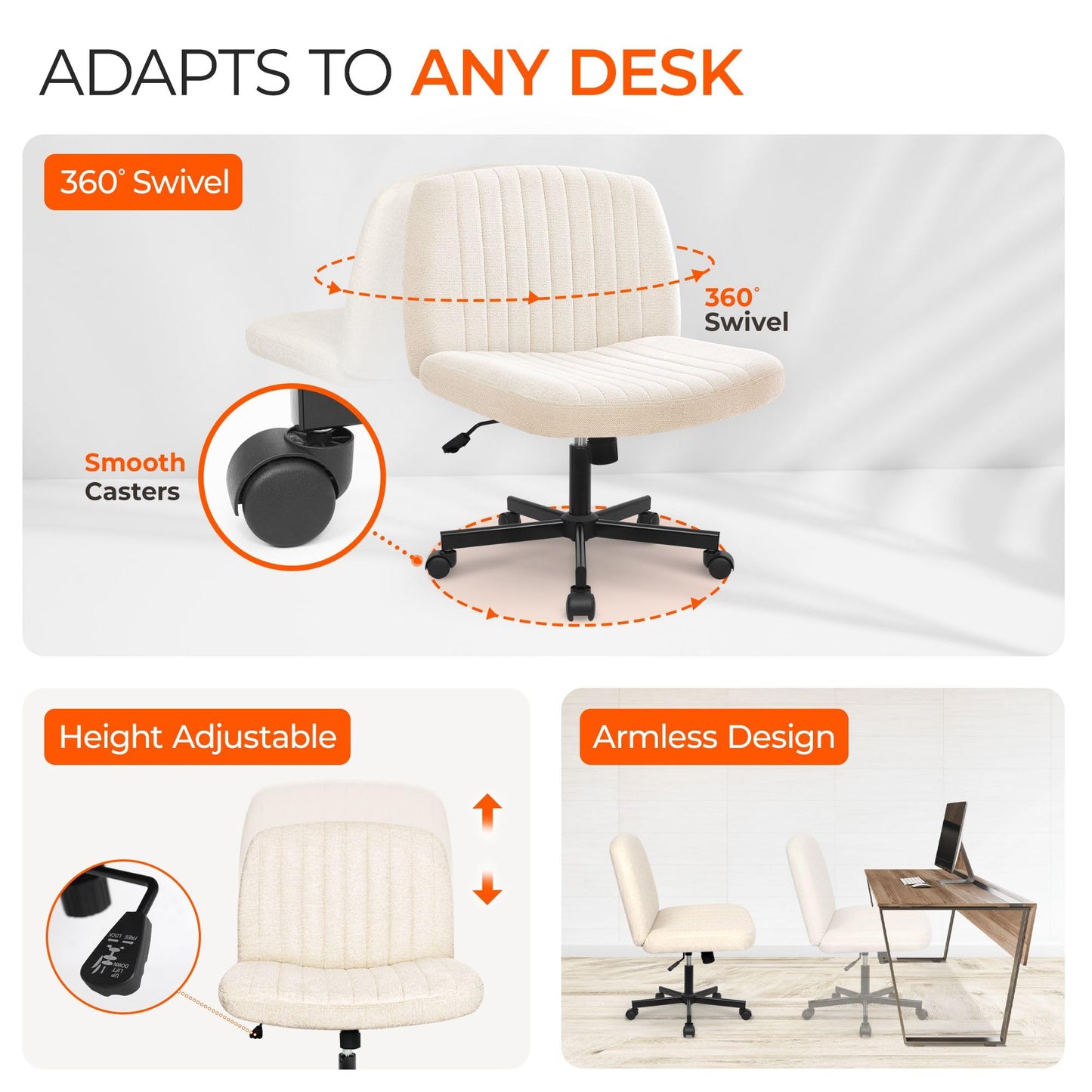 Orange Factory Criss Cross Chair, Wide Fabric Vanity Desk Seat, Beige Wheel