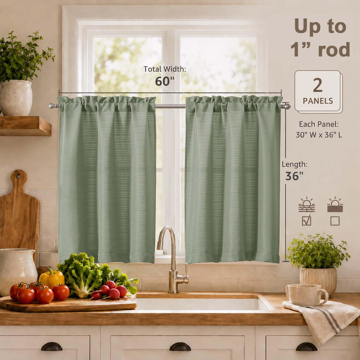 Chyhomenyc Light Green Kitchen Curtains Tier 36 Inch Length, 2 PCS