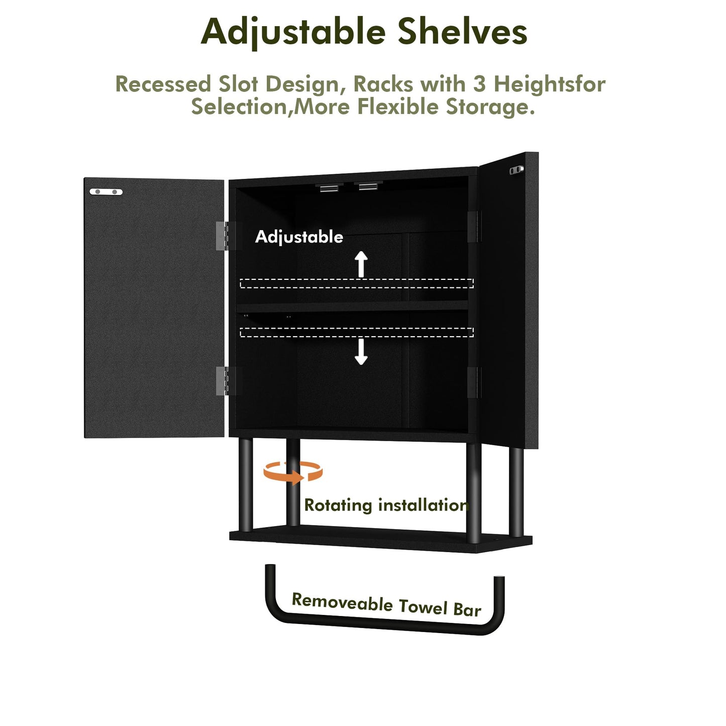 RUSTOWN Fluted Bathroom Wall Cabinet with 2 Doors, 3-Tier Modern Farmhouse Medicine Cabinet, Over The Toilet Storage Cabinet with Adjustable Shelf and Towel Bar(Black, Small)