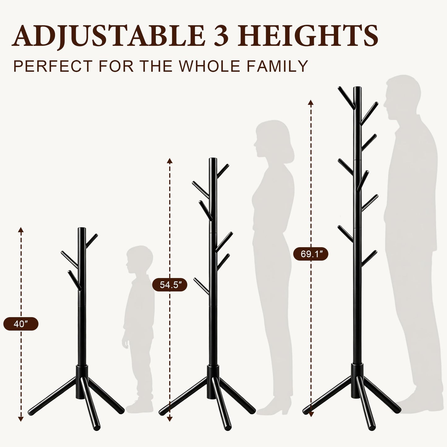 Freyawin Wooden Coat Rack Freestanding with 8 Hooks & 3 Adjustable Sizes for Clothes, Space-Saving Design for Bedroom Office Entrance Holds Hats Coats Scarves Bags