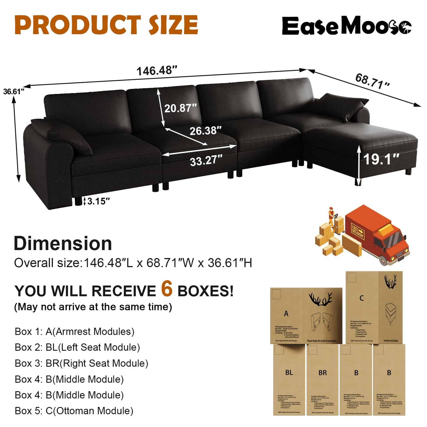 EASE MOOSE Oversized Modular Sectional Sofa, Waterproof & Scratch-Resistant Faux Leather Sofa with Deep Seat, Comfy L-Shaped Sofa with Storage Ottoman, Sectional Couches for Living Room, Black