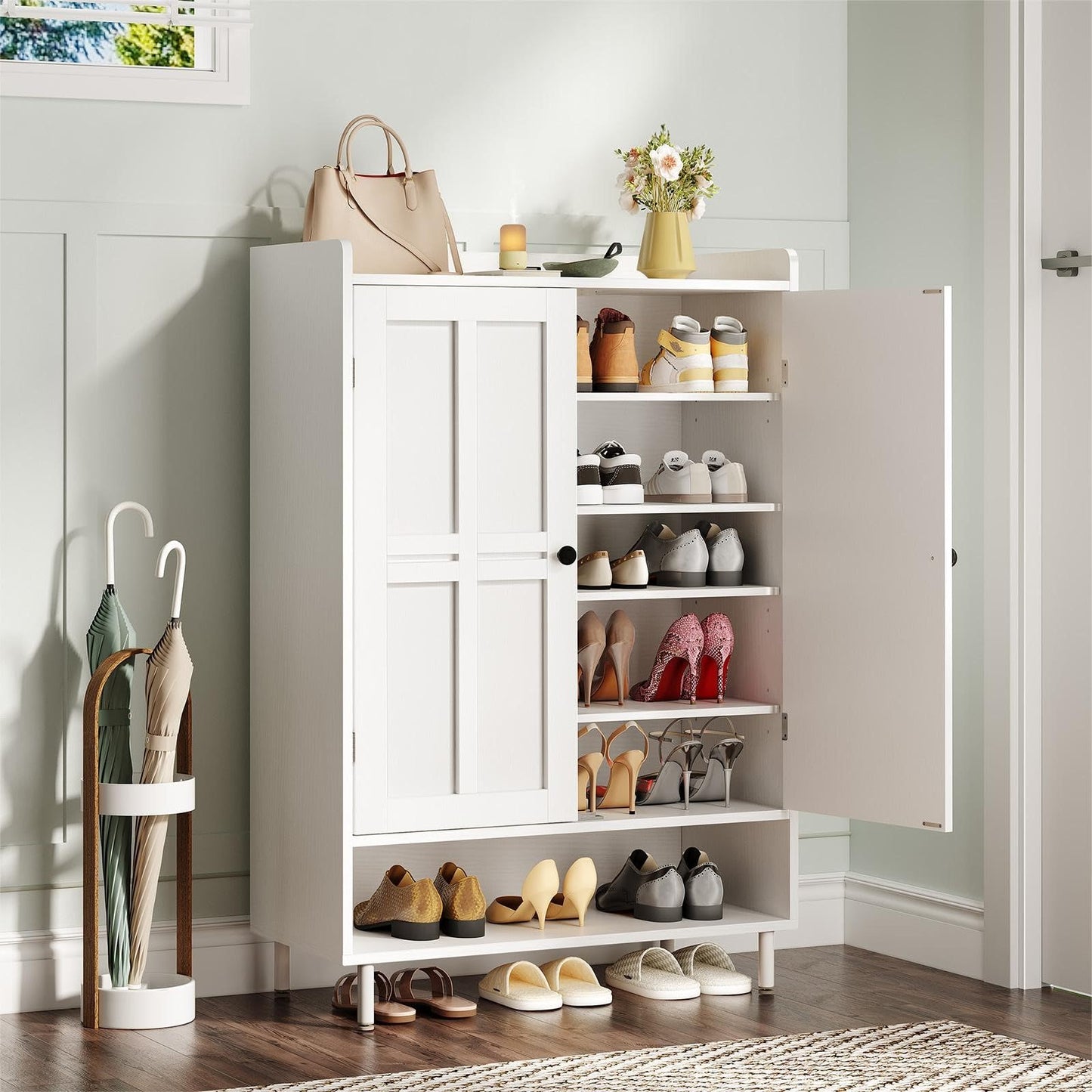 ONBRILL Shoe Storage Cabinet with Cross Molding Doors, 6-Tier Farmhouse Shoe Cabinet with 3 Adjustable Shelves and Metal Legs, 45'' Tall Shoes Rack Organizer Cabinet for Entryway, Front Door, White
