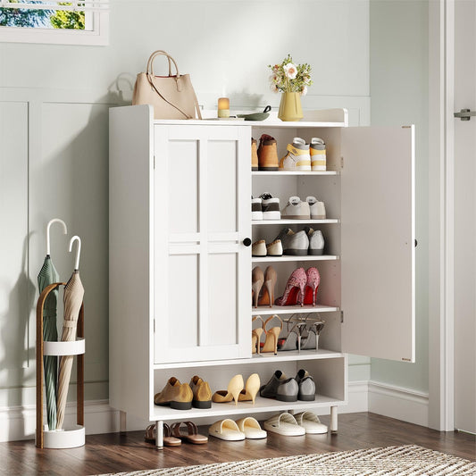 ONBRILL Shoe Storage Cabinet with Cross Molding Doors, 6-Tier Farmhouse Shoe Cabinet with 3 Adjustable Shelves and Metal Legs, 45'' Tall Shoes Rack Organizer Cabinet for Entryway, Front Door, White