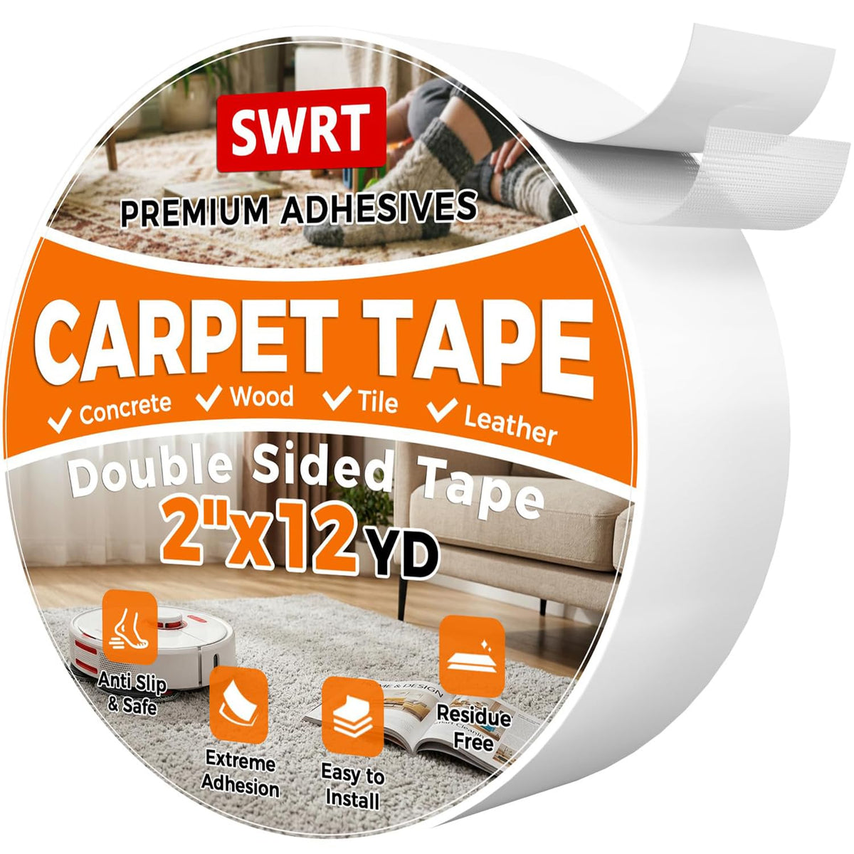 SWRT Double Sided Carpet Tape for Hardwood Floors & Area Rugs, 2" x 12YD