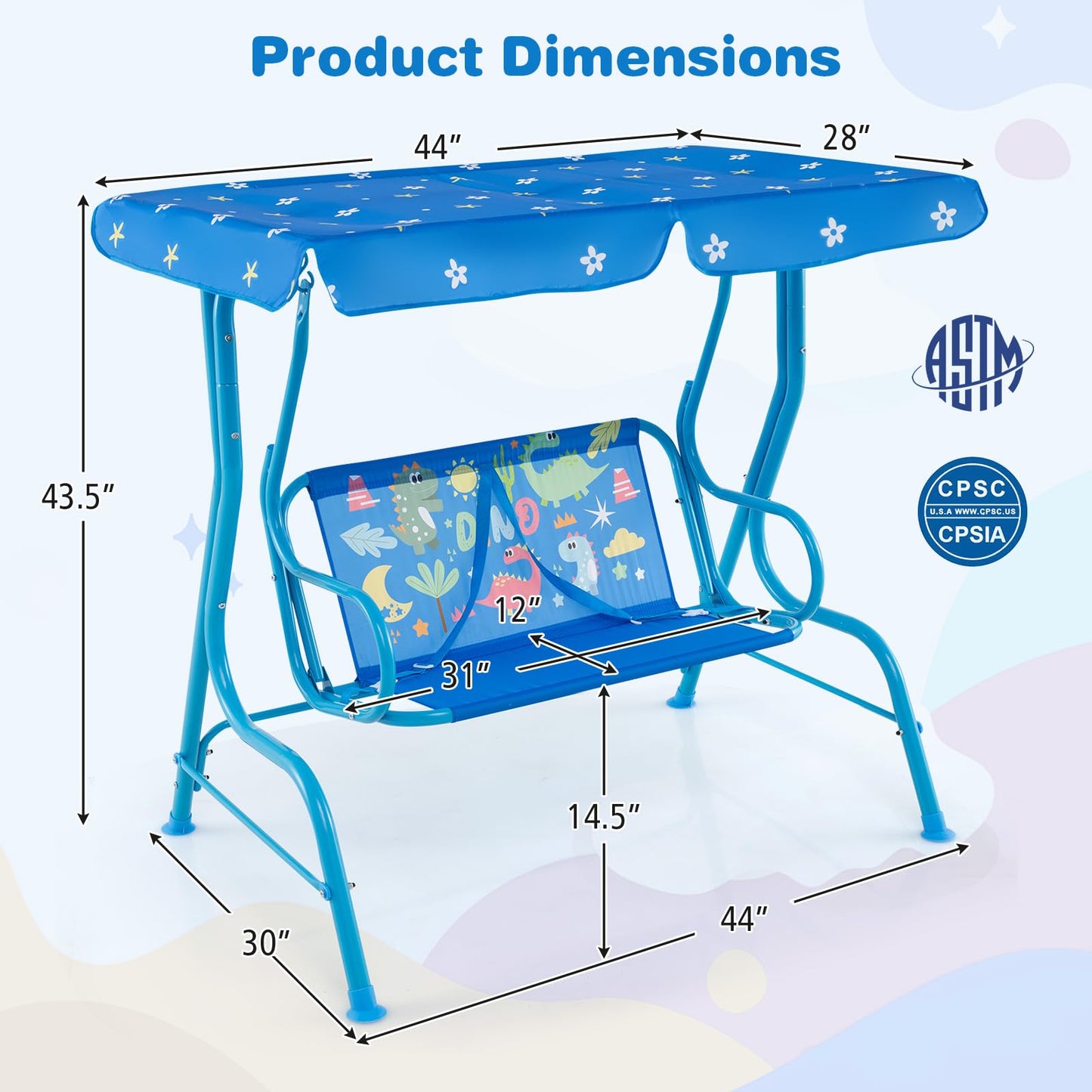 HONEY JOY Kids Patio Swing, 2-Seater Outdoor Porch Swing Lounge Chair, Adjustable Canopy & Safety Belt, All Weather Resistant Waterproof Hanging Swing Bench for Garden Poolside Balcony(Blue Dinosaur)