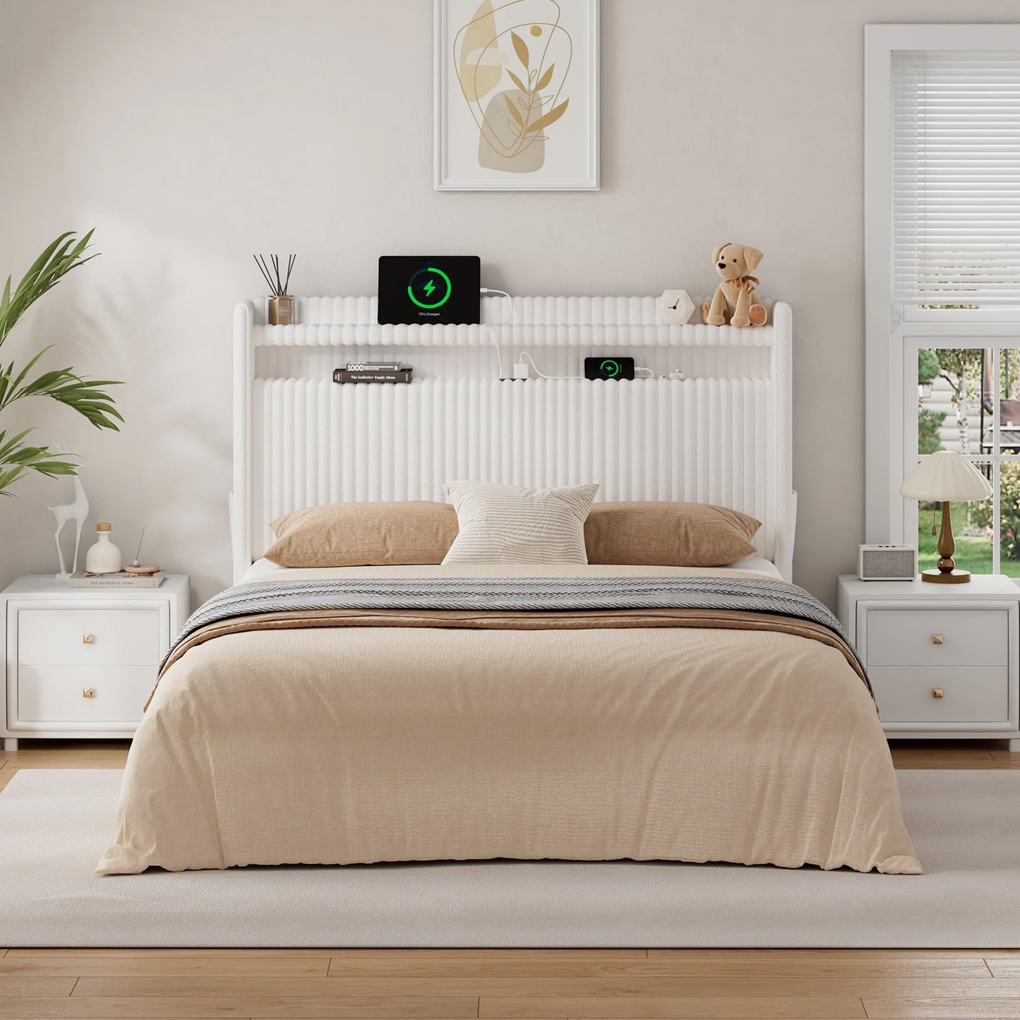ONBRILL 54" Tall Headboard Full Size with Storage, LED Light, Corduroy Wingback Headboard with Charging Station, Upholstered Head Board Full w/High-Density Sponge Padding, Storage Pockets, Off White