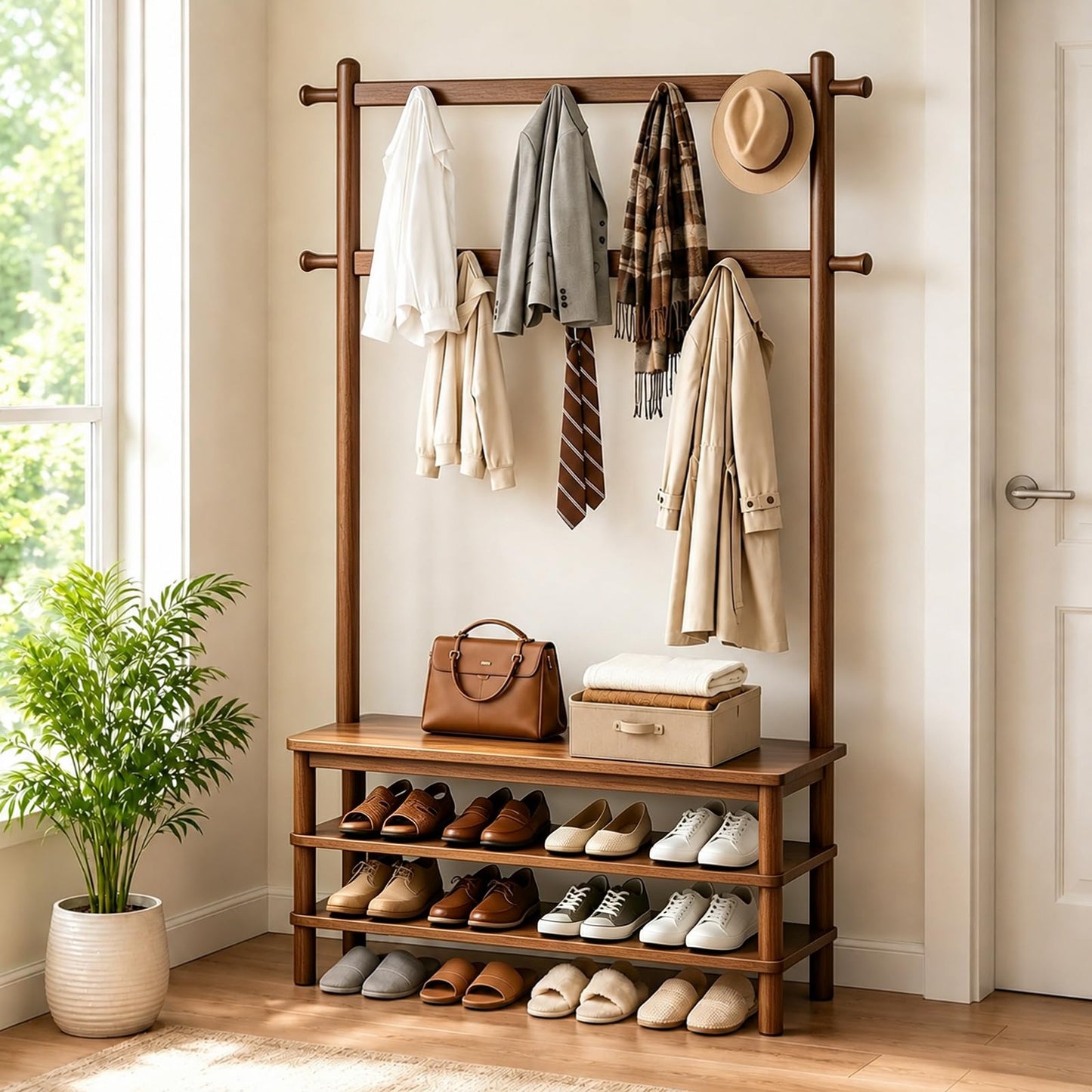 Wamhom Solid Wood Hall Tree with Bench, Shoe Rack & 11 Hooks 35.0''
