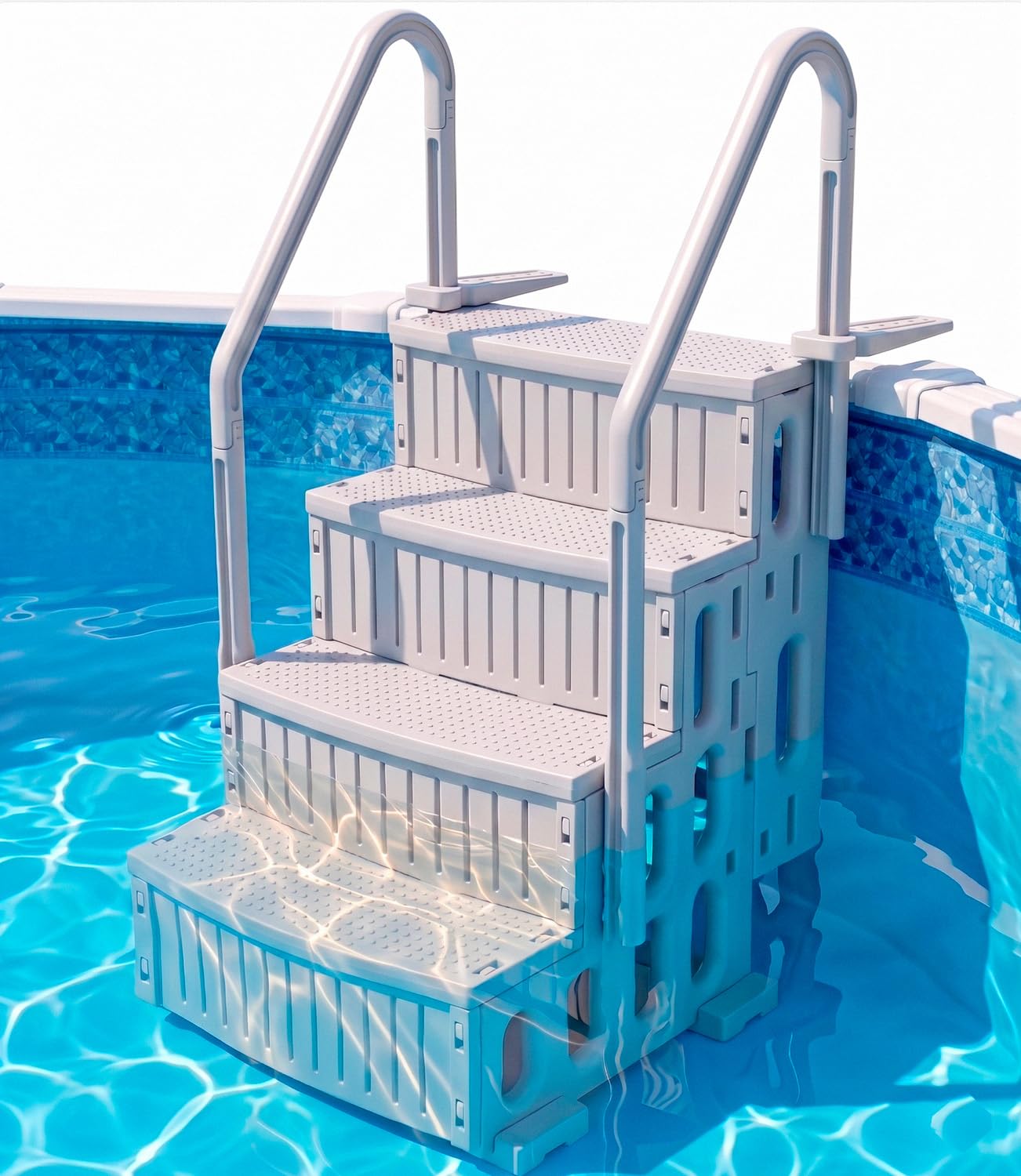 ROMIVO Pool Steps Above Ground with Handrails, 4-Step Above Ground Pool Ladder for 48"–56" Pools, Water-Fill Design, Anti-Slip Wide Treads, Video-Guided Easy Setup, Family Pool Entry Stairs