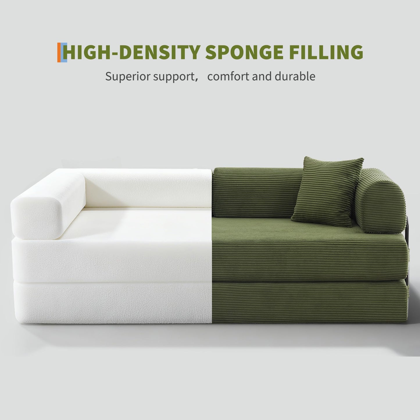 GarveeHome 79" Convertible Sleeper Sofa Bed Couch, 4-in-1 Boneless Corduroy Folding Sofa Bed with Pillow & Fixed-Shape, Floor Mattress Couch Loveseat for Living Room Apartments - No Assembly, Green