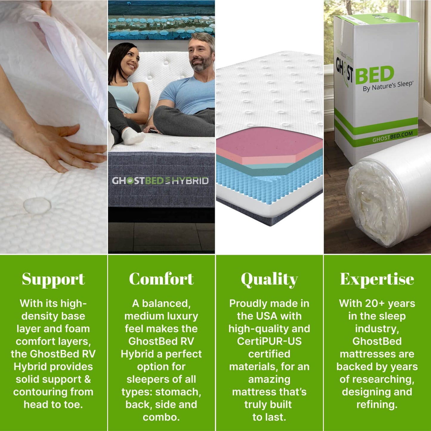 GhostBed 10" Short King RV Mattress - Memory Foam & Hybrid Coils, Low Profile, Medium Feel, Made in USA - Short King Mattress for RV Camper, Dimensions: 75"x72"x10"