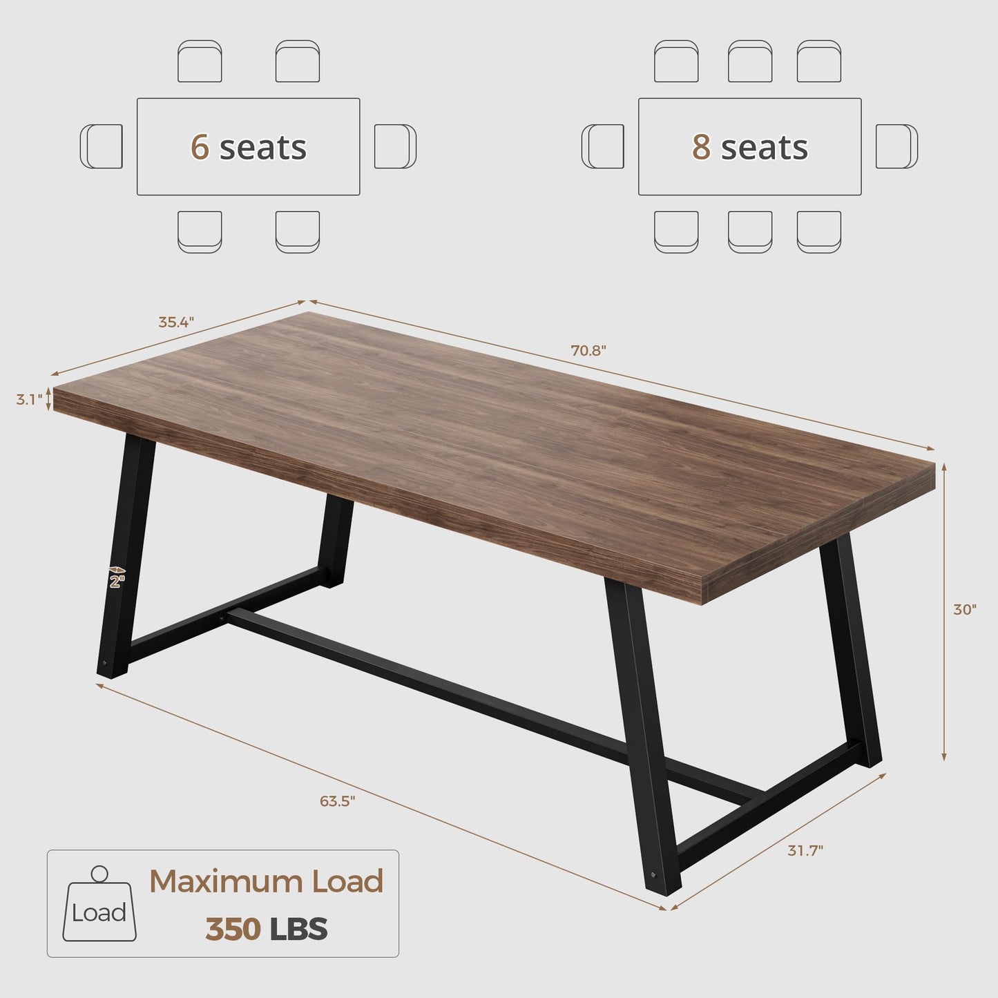 IRONCK 71" Dining Table for 6-8 People, Industrial Kitchen Table with Sturdy Metal Frame, Rectangular Brown Wood Dinner Table for Dining Room
