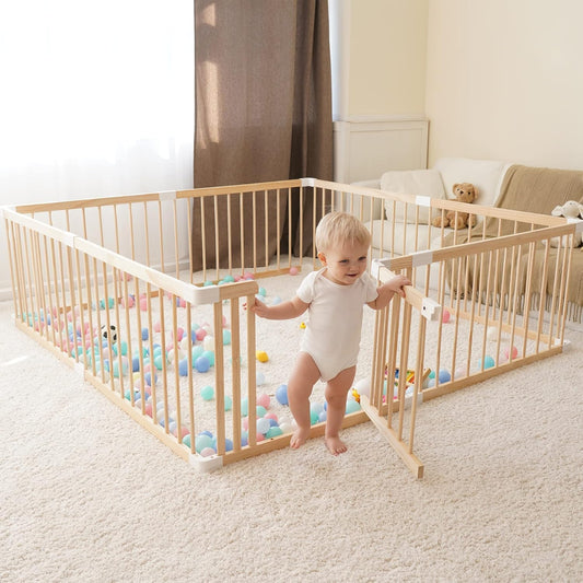 GGF 79×71" Rectangular Wooden Playpen, Dual-Lock Gate Toddler Fence