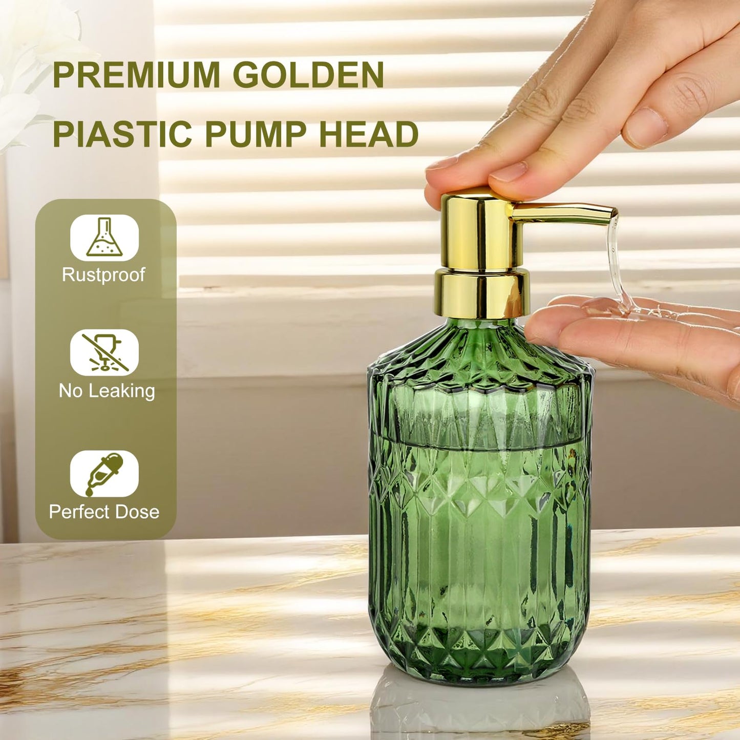 Ritrsvey Green Glass Soap Dispenser (15.4 Oz, 2 Pack), Kitchen Hand and Dish Soap Dispenser Set with Golden Rust Proof Pump, Vintage Bathroom Hand Soap Lotion Dispensers