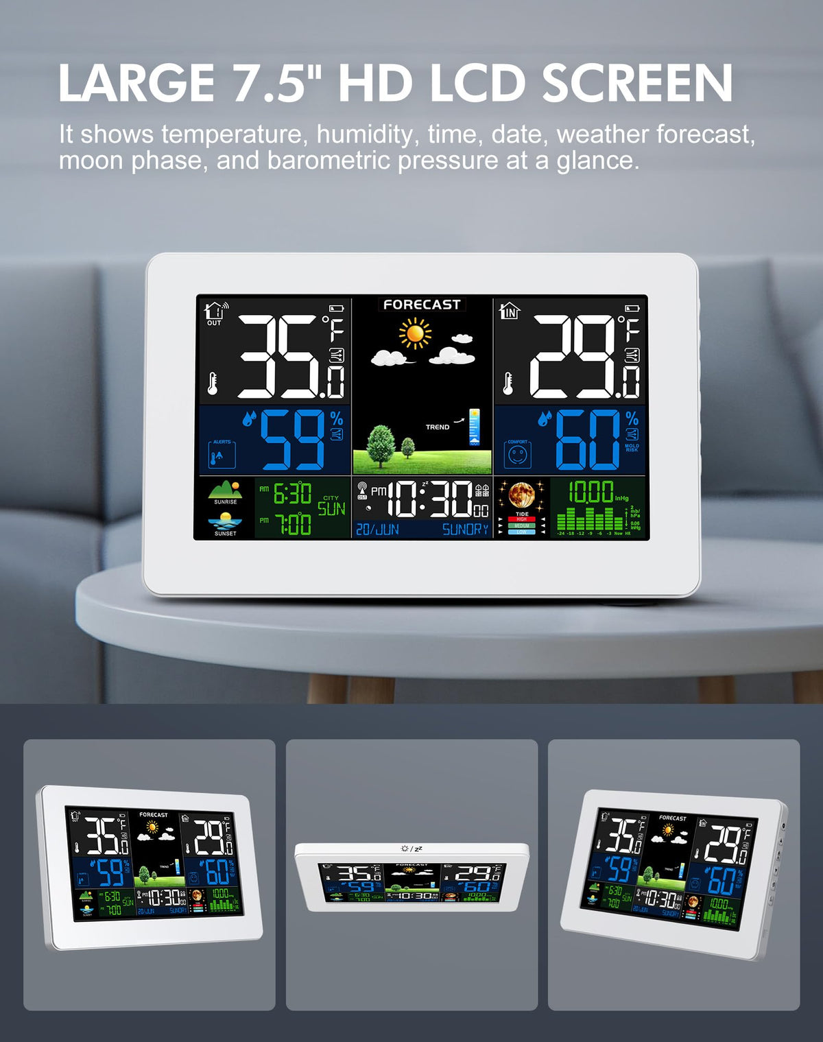 Weather Station Wireless Indoor Outdoor with Atomic Clock, 1 Sensor,White