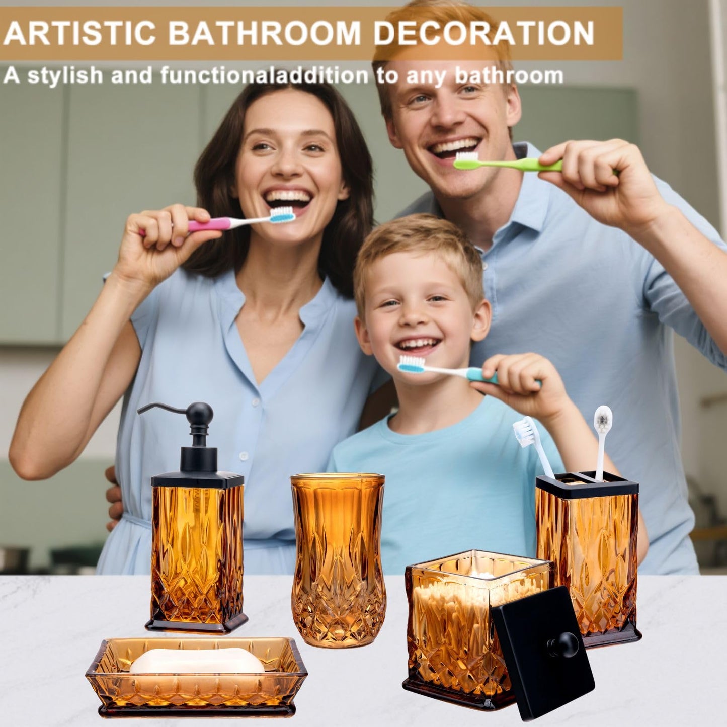 ZIVQEXMURL Amber Bathroom Accessories, Square Thick Glass & Zinc Alloy Pump