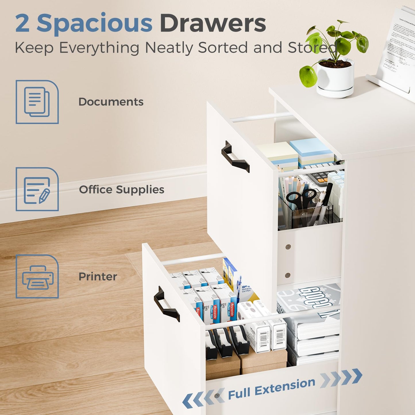 DUMOS 2 Drawer Storage Cabinet, Rolling Under Desk Storage, White