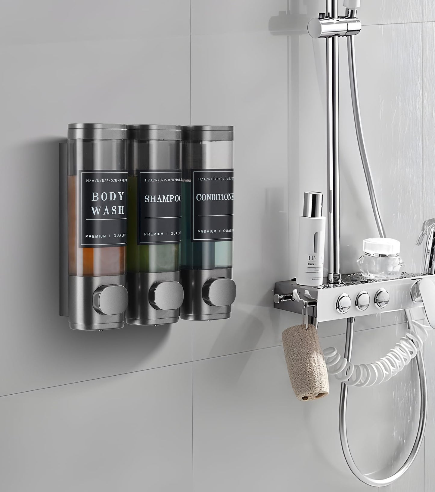 Cabo Deseado Shower Soap Dispenser Wall Mounted No Drill Shampoo Dispenser for Shower Wall Shampoo and Conditioner Dispenser Bathroom Hotel 3 * 300ml Gungray with Labels