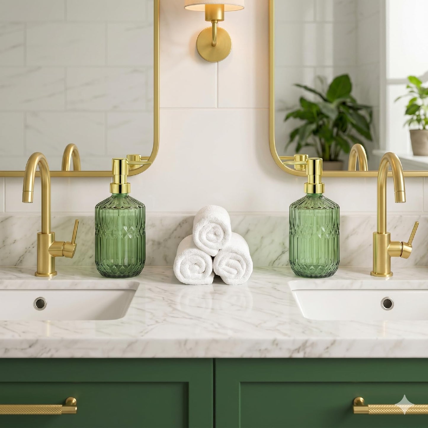 Ritrsvey Green Glass Soap Dispenser (15.4 Oz, 2 Pack), Kitchen Hand and Dish Soap Dispenser Set with Golden Rust Proof Pump, Vintage Bathroom Hand Soap Lotion Dispensers