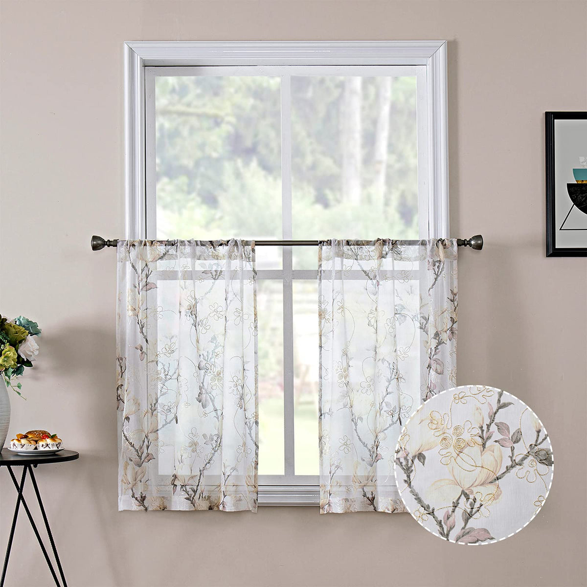 Tollpiz Floral Short White Sheer Tier Curtains Flower Print Vine Embroidery Kitchen Half Curtain Rod Pocket Café Voile Window Curtains for Bathroom, 30 x 24 inches Long, Set of 2 Panels