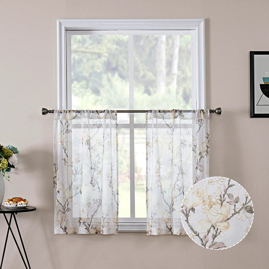 Tollpiz Floral Short White Sheer Tier Curtains Flower Print Vine Embroidery Kitchen Half Curtain Rod Pocket Café Voile Window Curtains for Bathroom, 30 x 24 inches Long, Set of 2 Panels