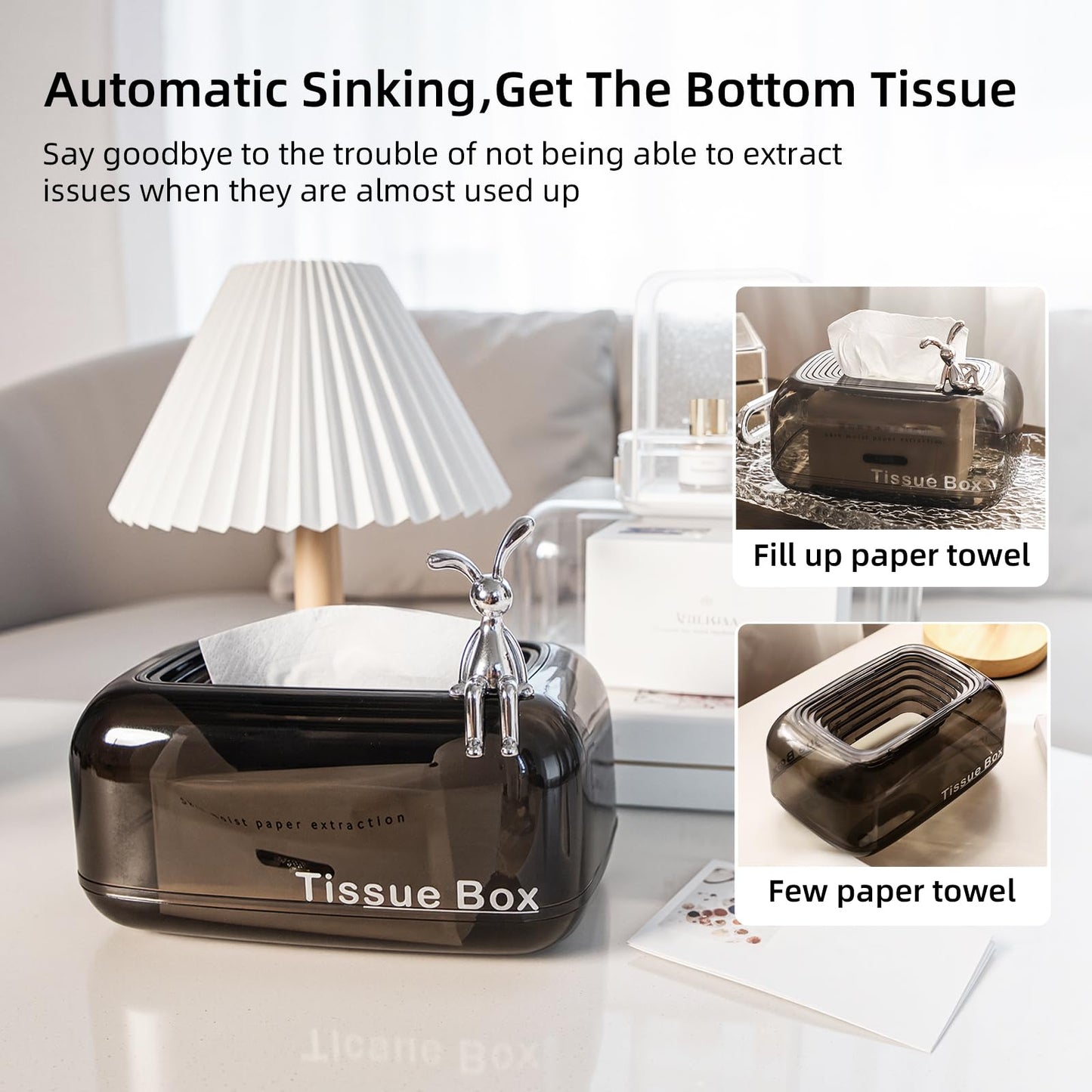 JoyfulSight Tissue Box Cover,Automatic Sinking Tissue Box Holder,Napkin Holder Home Decor for Tabletop Night Stands Bathroom Office,7.87 * 5.31 * 4.13inch (Black)