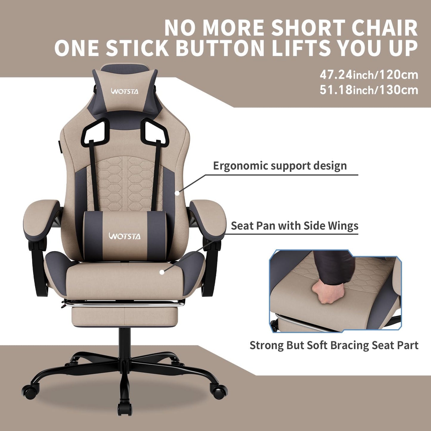 WOTSTA Gaming Chair with Massage,Ergonomic PC Gaming Chair with Footrest Comfortable Headrest and Lumbar Support, High Back, 300LBS (Grey)