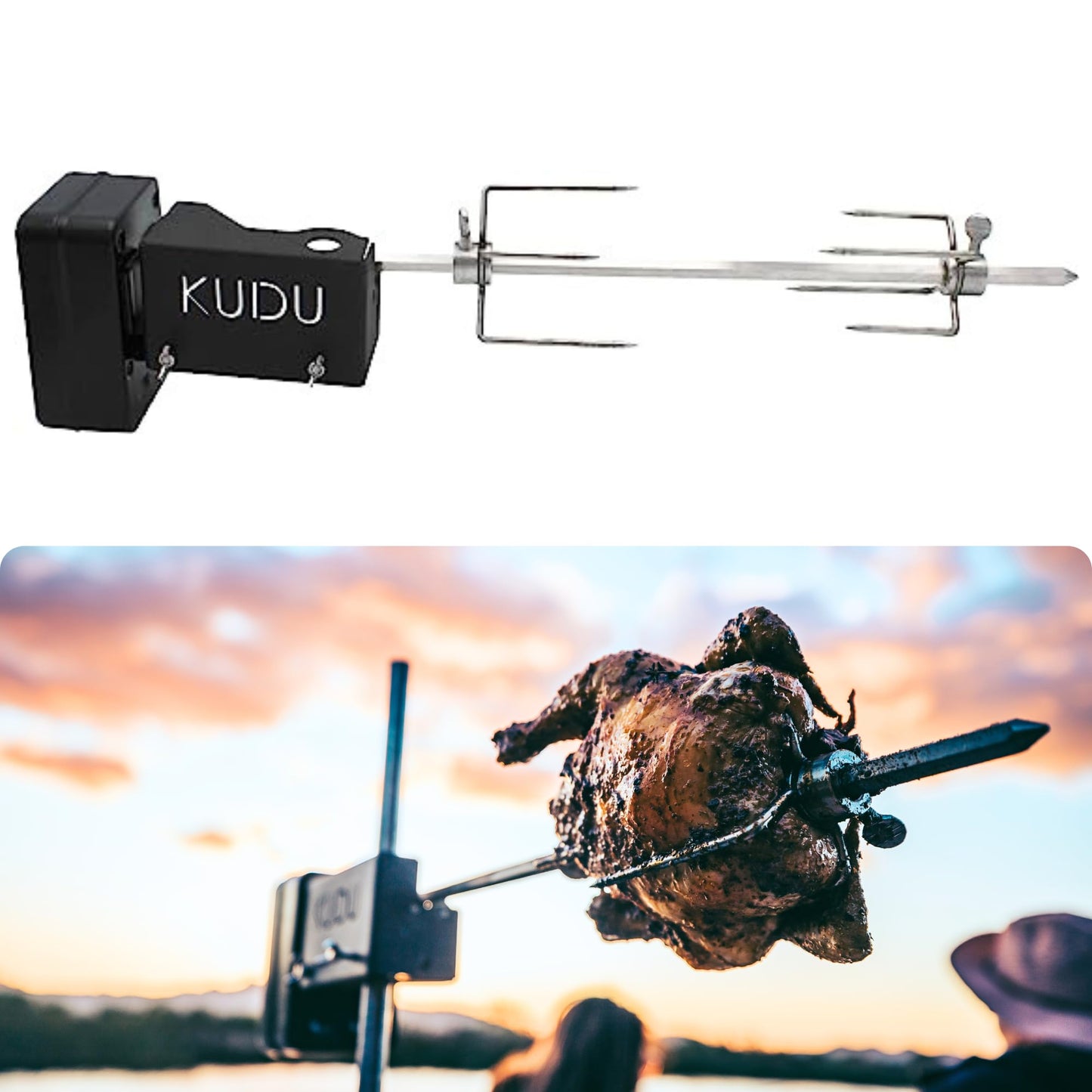 KUDU Rotisserie Kit - Stainless Steel Battery Powered Square Spit for Charcoal Grill 5/16 Inch Square Drive Spit