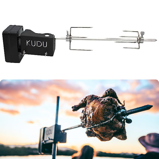 KUDU Rotisserie Kit - Stainless Steel Battery Powered Square Spit for Charcoal Grill 5/16 Inch Square Drive Spit