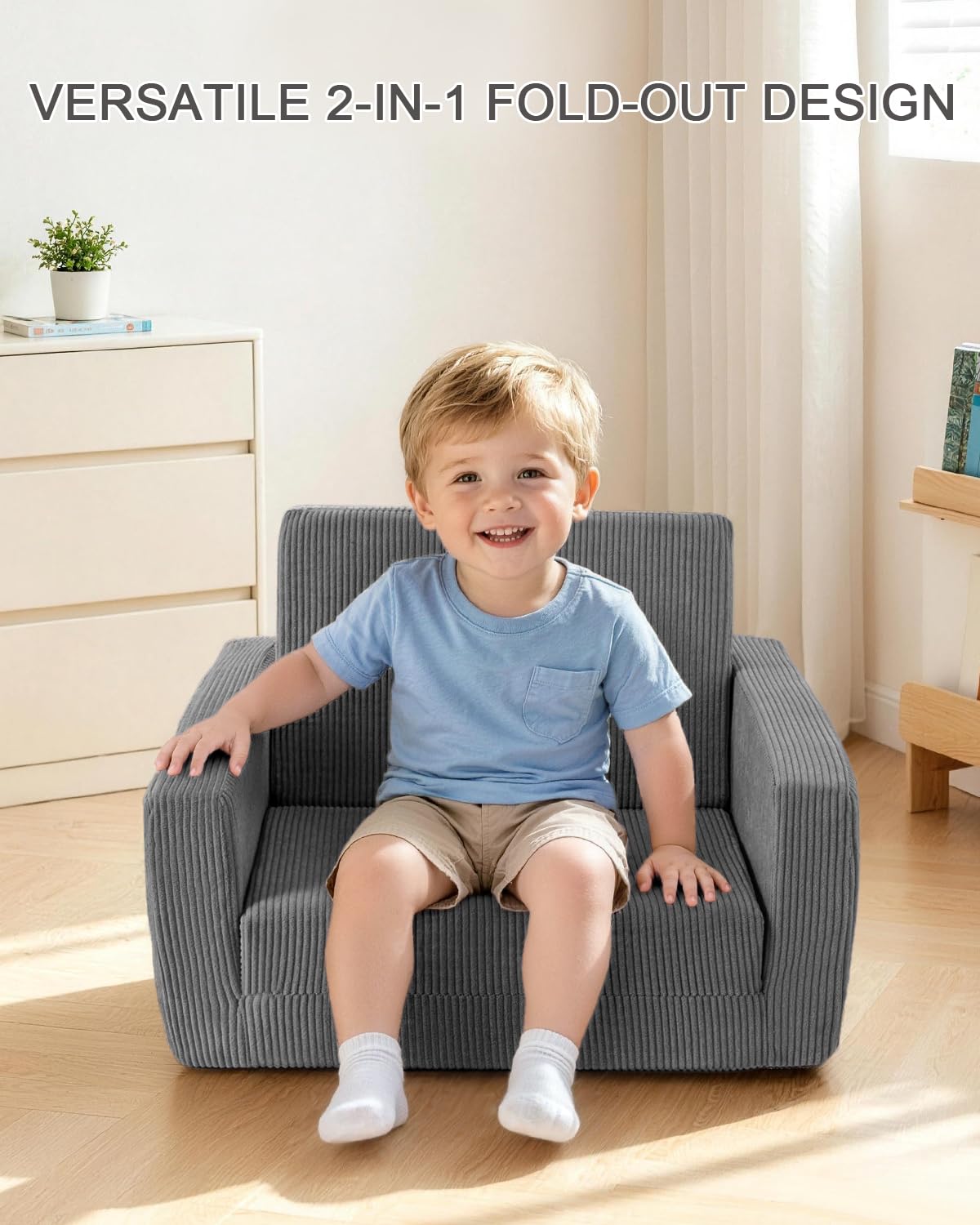 Jouha Kids Chair and Couch, 2-in-1 Fold-Out Kids Sofa, Soft Convertible Seating, Comfy Kids Chair for Boys and Girls, Grey