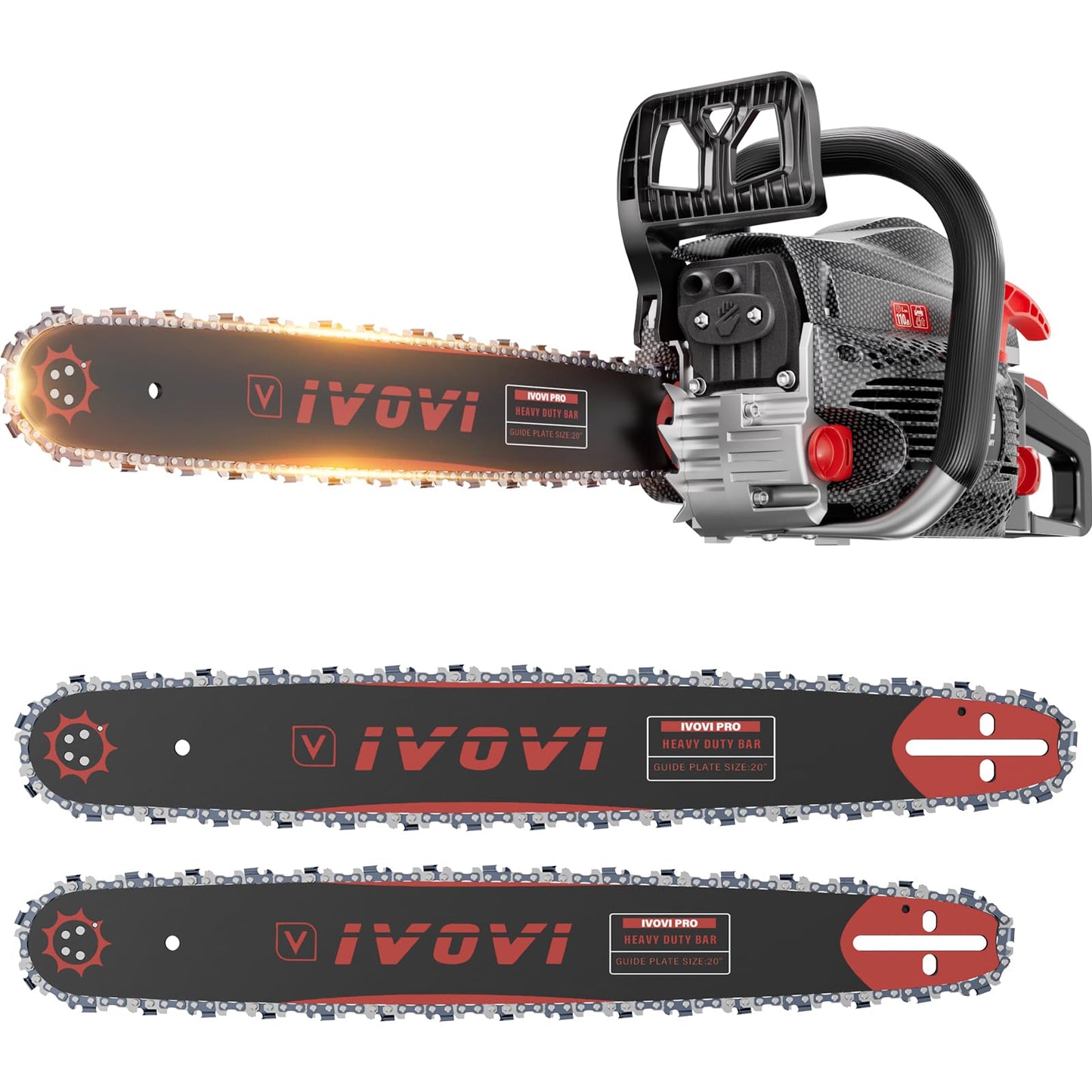 IVOVI 63CC Gas Chainsaw 20 Inch & 18 Inch Bars — 3.7HP Heavy-Duty Tree Felling, Ranch Maintenance and Storm Cleanup Tool (Black)