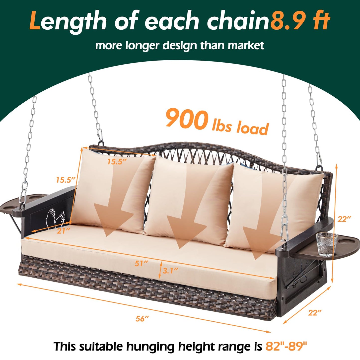 ZZW Upgraded Wicker Hanging Porch Swing Heavy Duty 900lbs 3-Seat Outdoor Patio Swing Chair Bench for Adult w/ 8.9ft Hanging Chains Cushions and Cup Holder