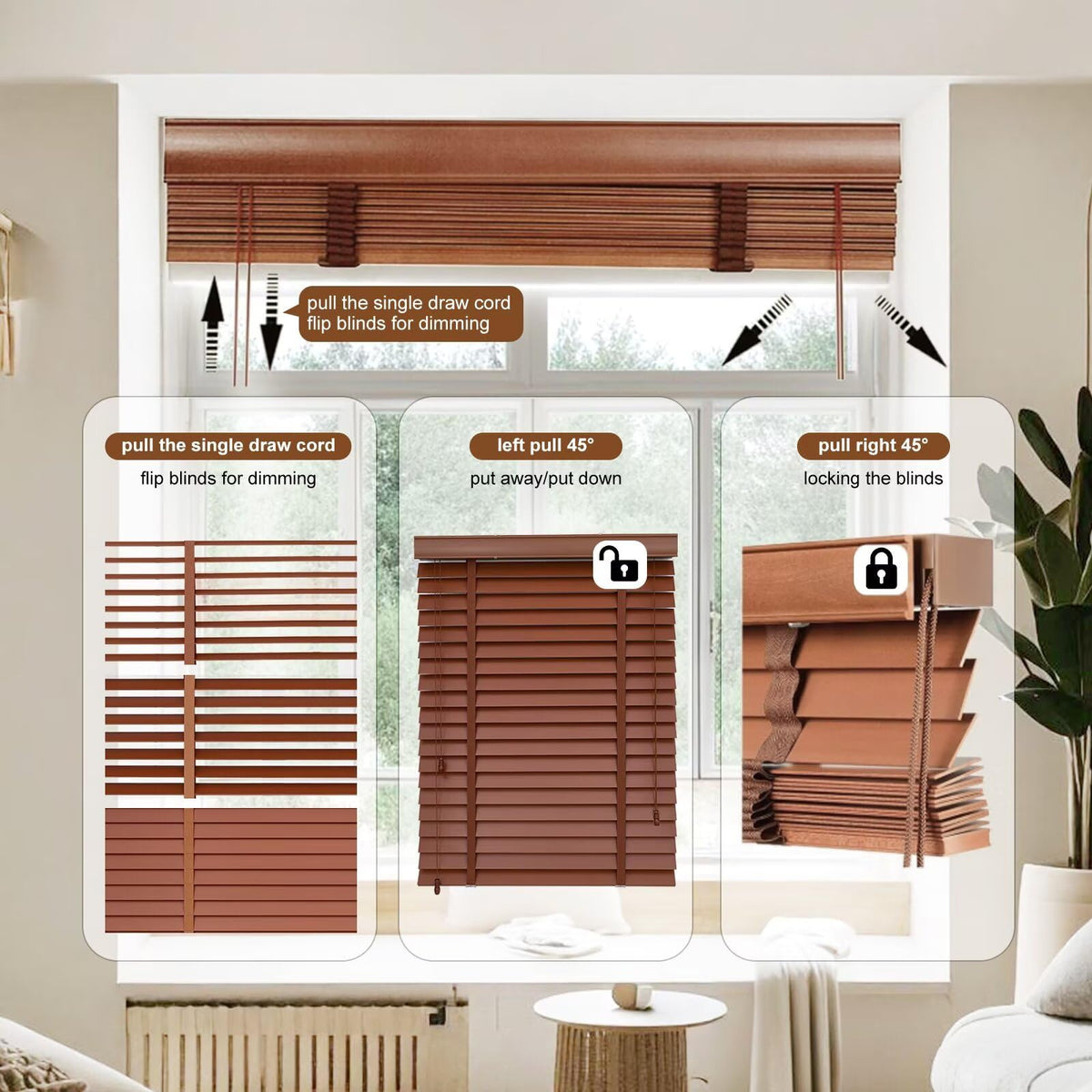 2" Slats Wood Blinds for Indoor Windows, Dark Walnut 36" WX48 H