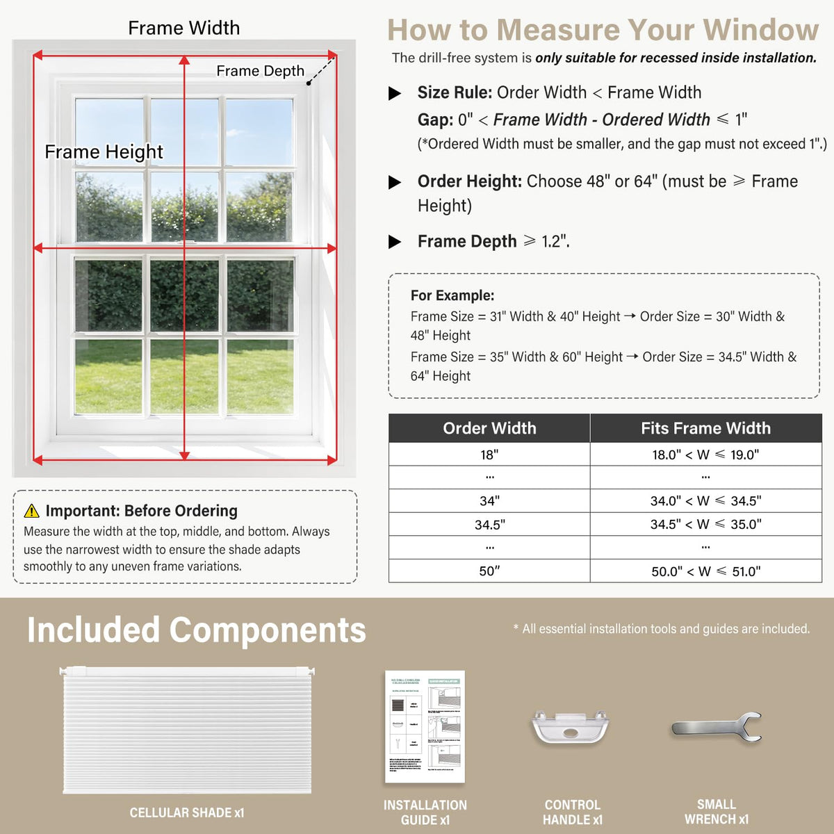 SUNOFF Cordless No Drill Blackout Cellular Shades, 34" W x 64" H, White
