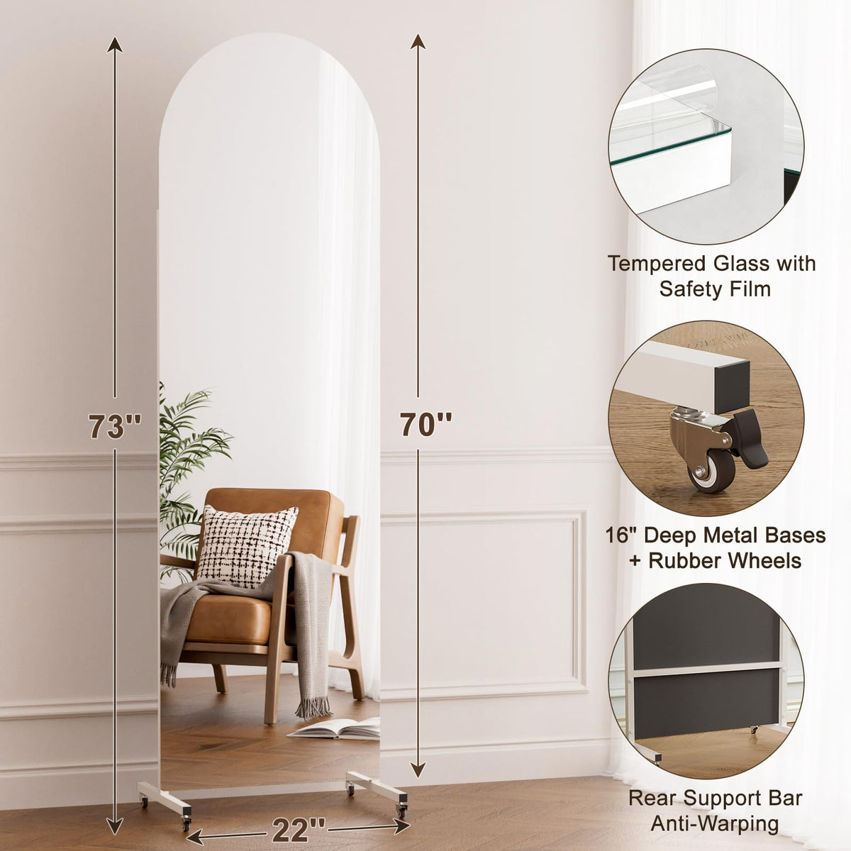 brisafe Full Length Stand Mirror on Wheels, Arched, 70x22 in