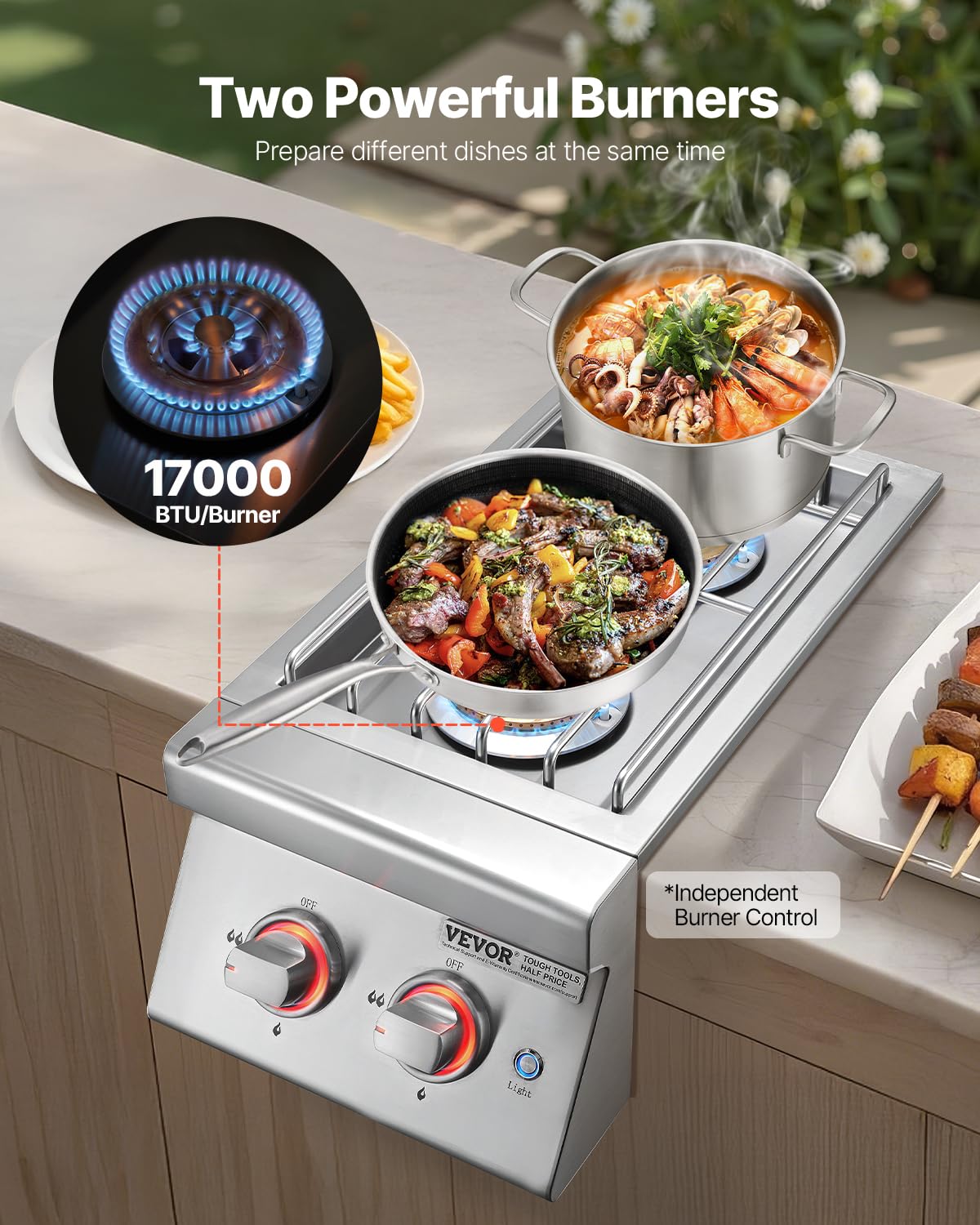 VEVOR Double Grilling Side Burners, 2 x 17,000BTU Liquid Propane Side Burner for Outdoor Kitchen, Convertible to Natural Gas, 304 Stainless Steel Built-in Double Burners with LED for BBQ Grill Island