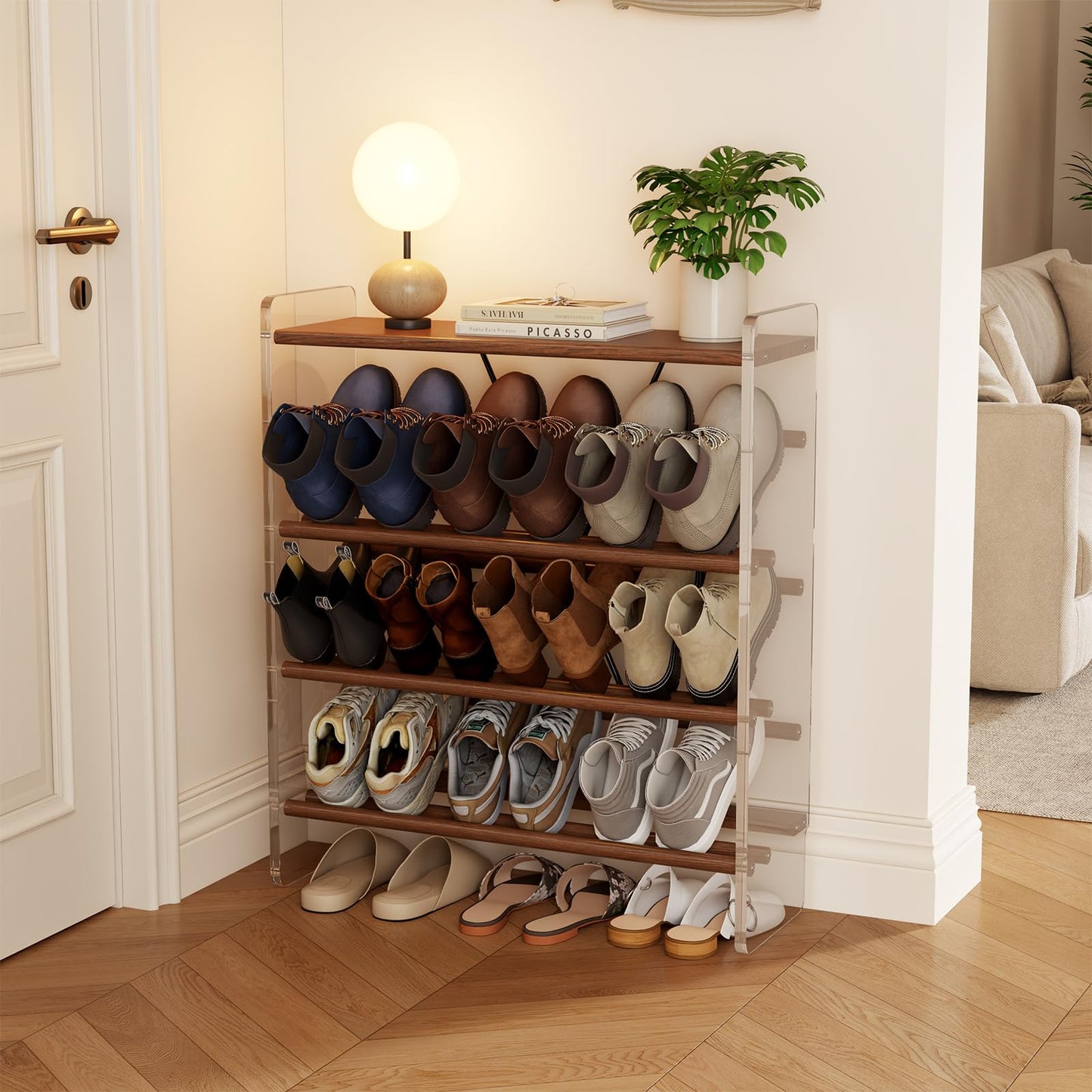 YQJJGL Shoe Rack, 4-Tier Slanted Shoe Shelf with Wooden Top Panel, Solid Wood and Acrylic Shoe Organizer Rack, Shoe Storage Rack Ideal for Entryway, Bedroom, Closet and Living Room (Walnut 29" W)