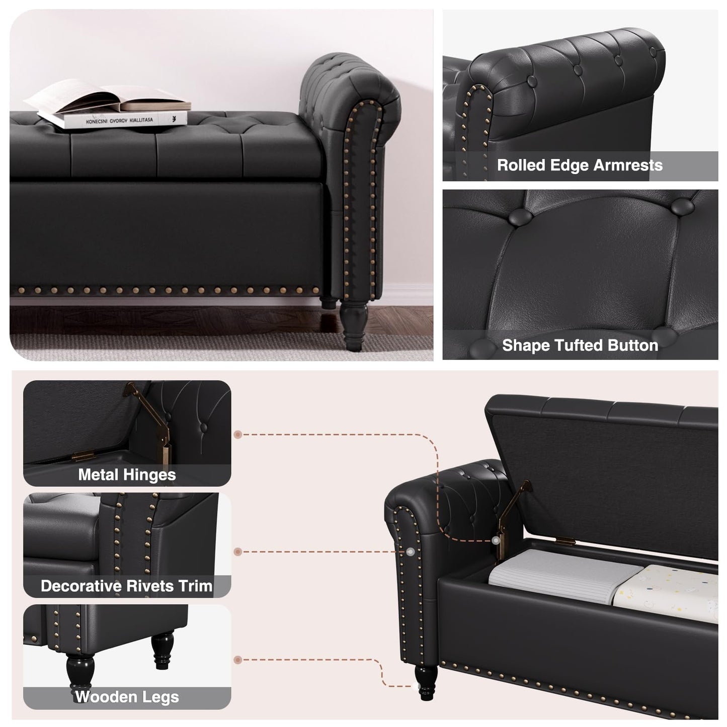 FiveWillowise 65" Bedroom Bench, End of Bed Bench with Storage, Black